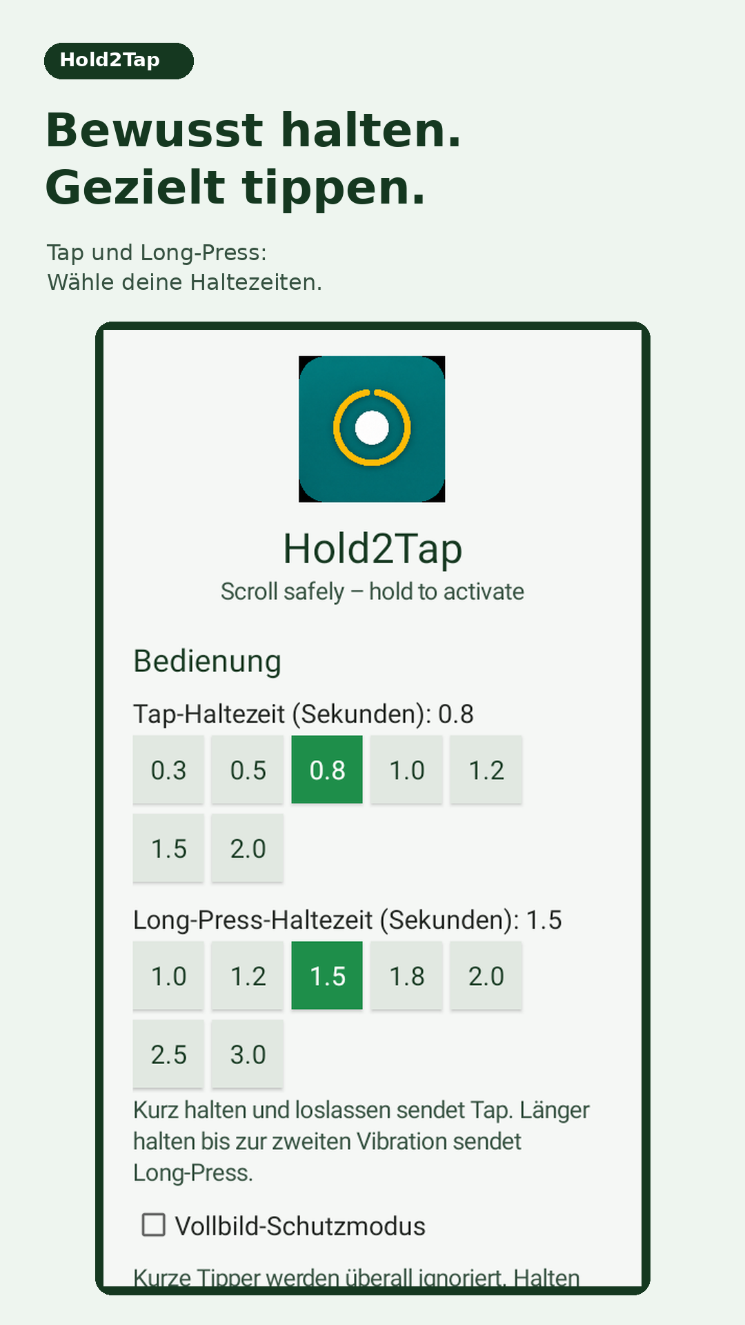 Hold2Tap: Ansicht der einstellbaren Haltezeiten